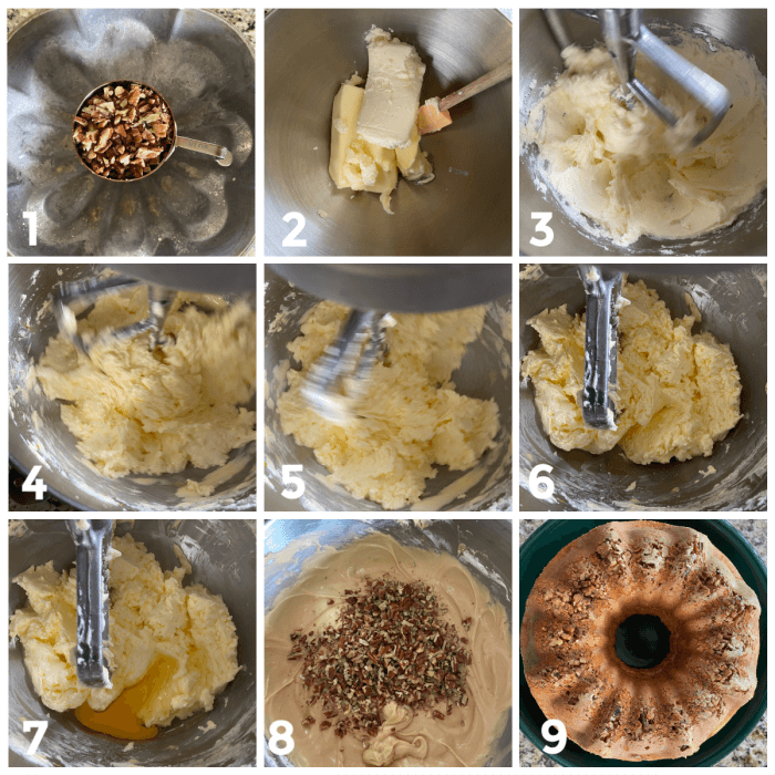 Process steps to making the praline cake. 