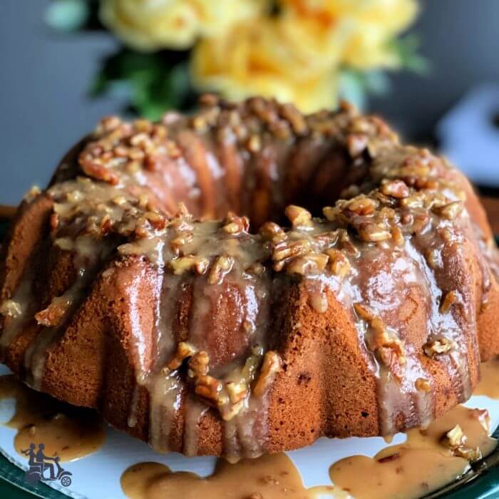 Praline Pound Cake formed in Bundt Pan style with pecan glaze on top 