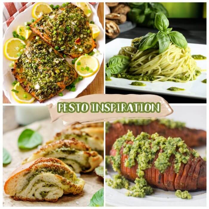 4 picture collage featuring pesto on salmon, pasta, in bread, and sweet potatoes.