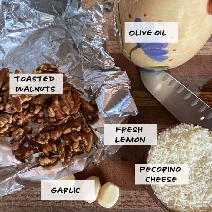 Ingredient photo for Walnut Pesto , walnuts, olive oil, lemon, garlic, pecorino cheese