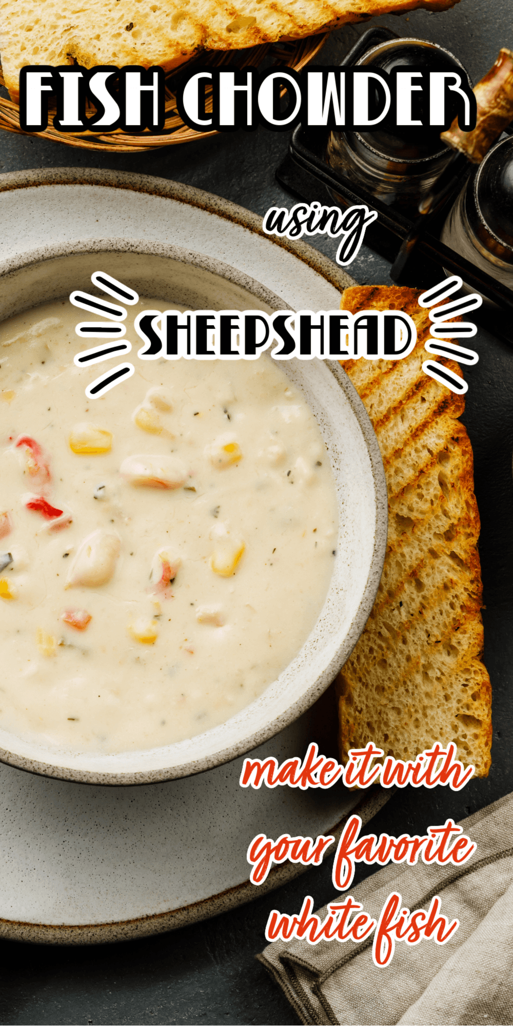 A seafood chowder that's easy to make and so creamy and tasty you'll think you're sipping on rich clam chowder. Spicy and hearty the fish chowder is one of our family's favorite. Have the fish soup for lunch in a large cup or a big bowl for dinner. You can make this ahead and it is so tasty that you'll want to serve it for company. #sheepsheadrecipe #fishchowder, #fishsoup #seafoodchowder
