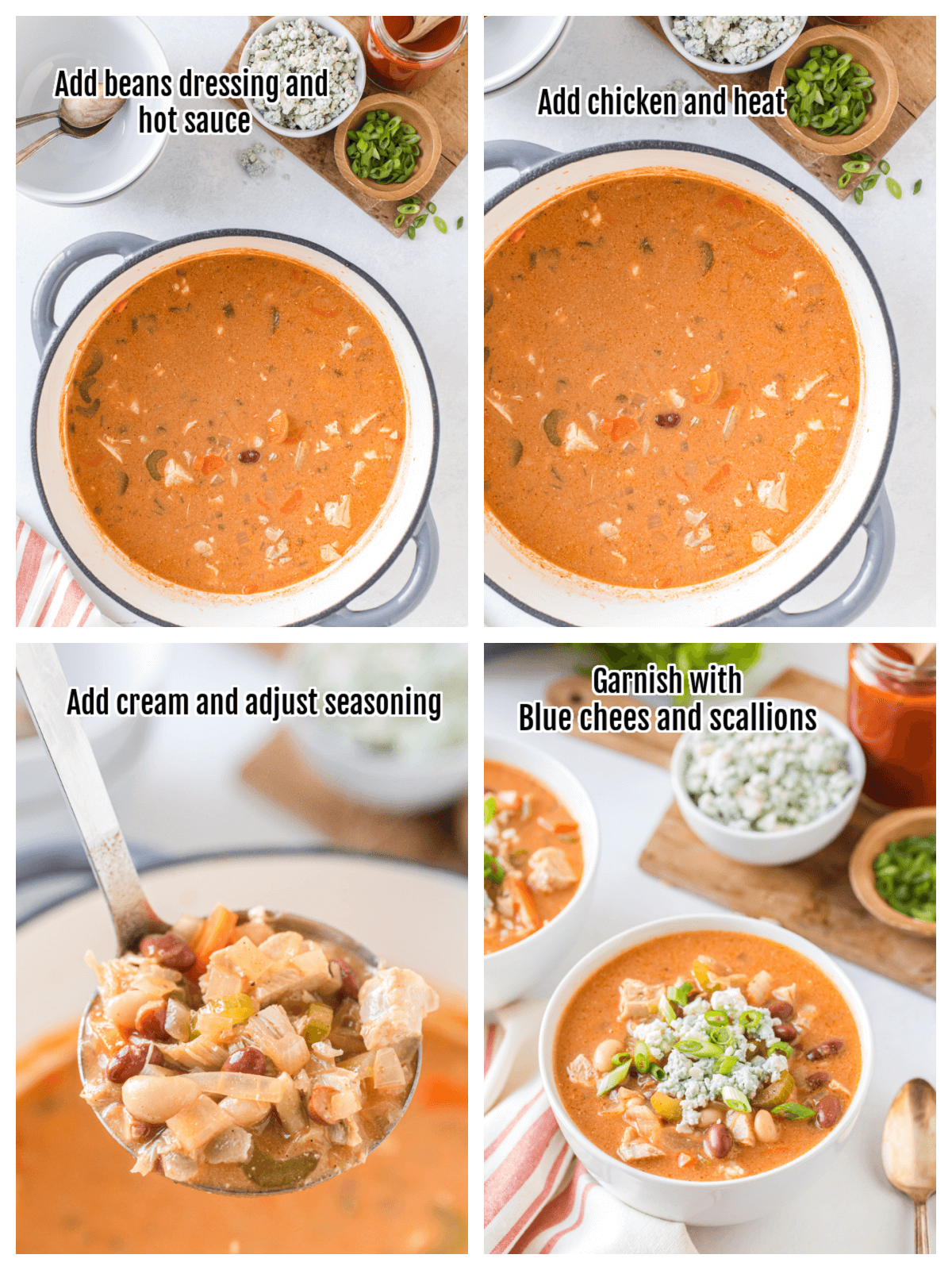 Collage with the last four steps to making the spicy buffalo Chicken chowder.