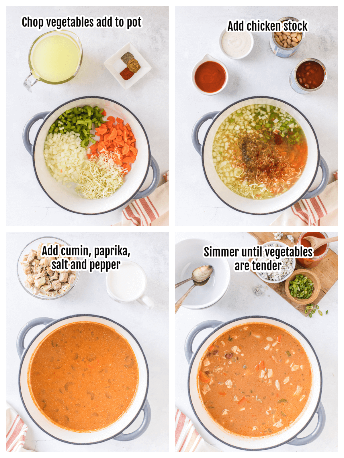 Collage with the first four steps of making the hot chicken chowder. 