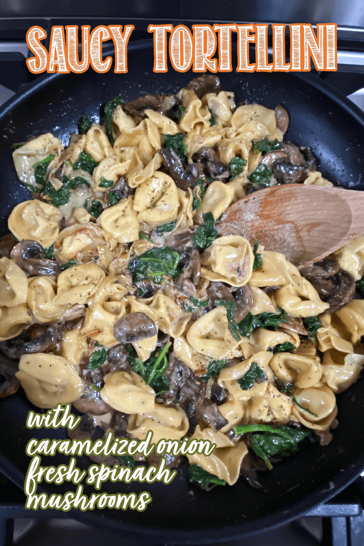 A saucy rich Italian pasta dish that is bursting with the flavor of earthy mushrooms and caramelized onions. Fresh spinach adds to the delicious meatless recipe. This is an easy dish to make for a weeknight dinner that the family will love. You can caramelize the onions ahead of time to make the recipe even faster. It is so delicious it is company worthy.
