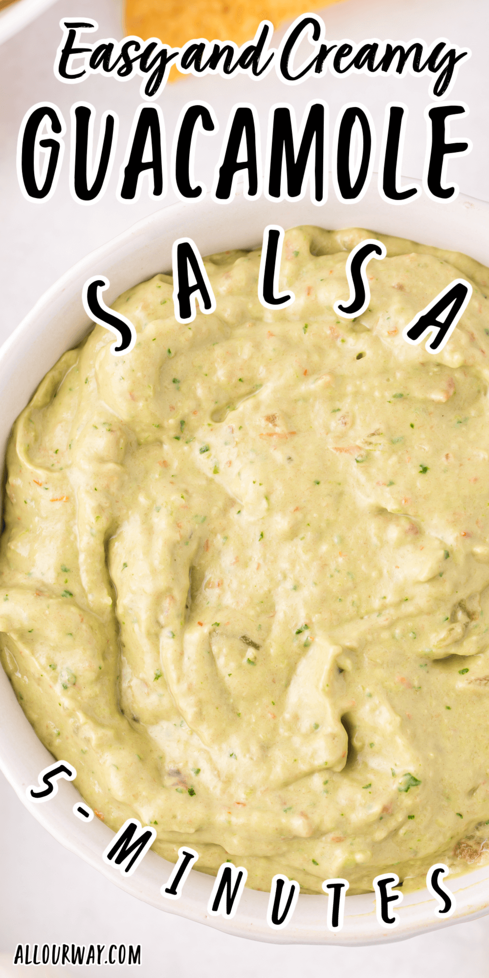 This guacamole salsa is creamy, rich , and takes less than 5 minutes to make. It uses store bought salsa or salsa roja which means little prep with maximum flavor. If you prefer, we include a basic homemade salsa recipe. Serve this salsa for Cinco de Mayo, super bowl parties, barbecues, picnics, and all your favorite gatherings. If you wish you can sub salsa verde for the salsa roja.