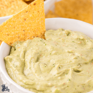 Creamy Guacamole Salsa in a white bowl with a tortilla chip ready for dipping.