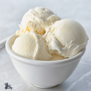 Vanilla no-churn ice cream in a white bowl.