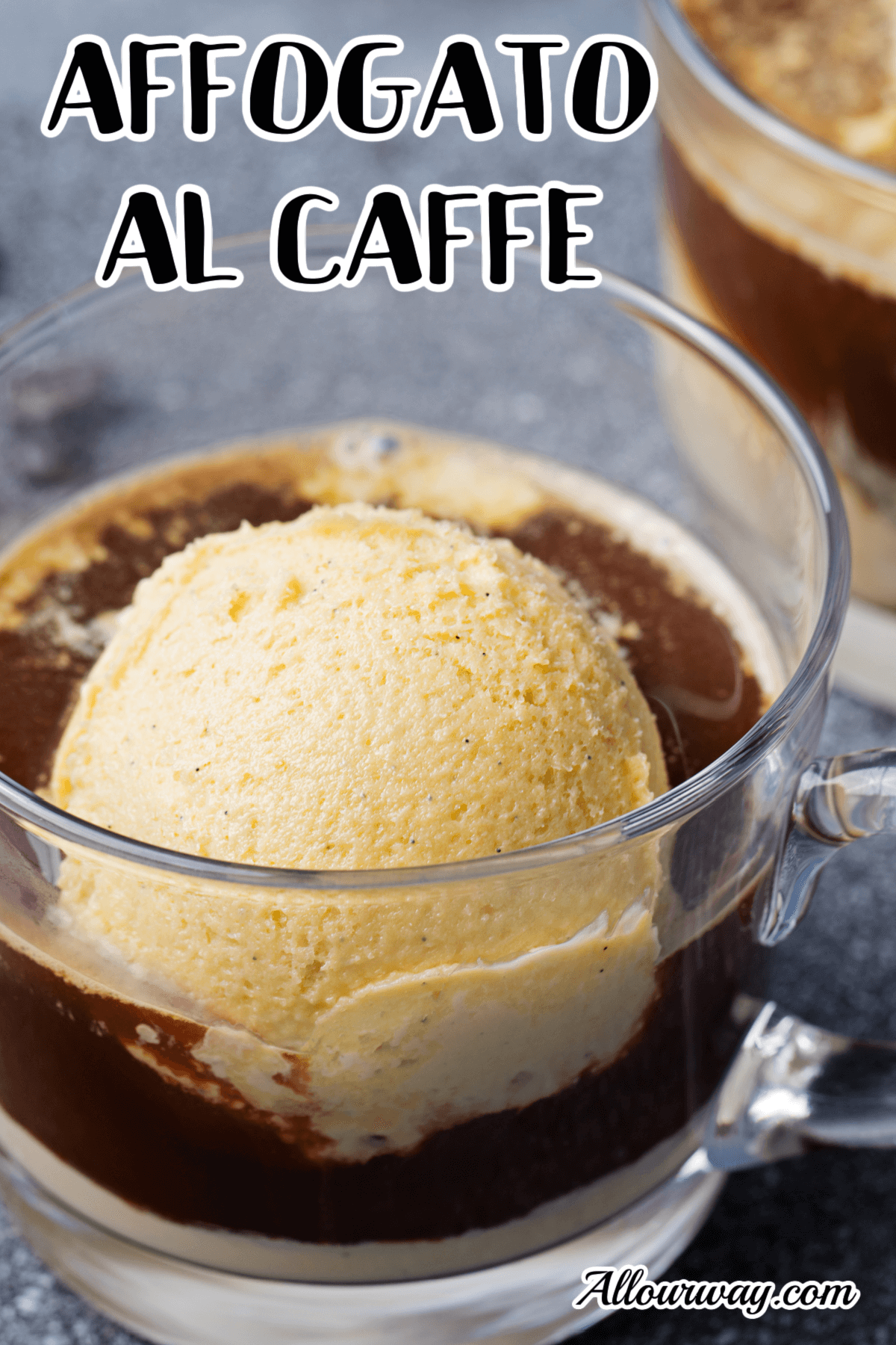 Affogato al caffe in a glass cup with ice cream. 