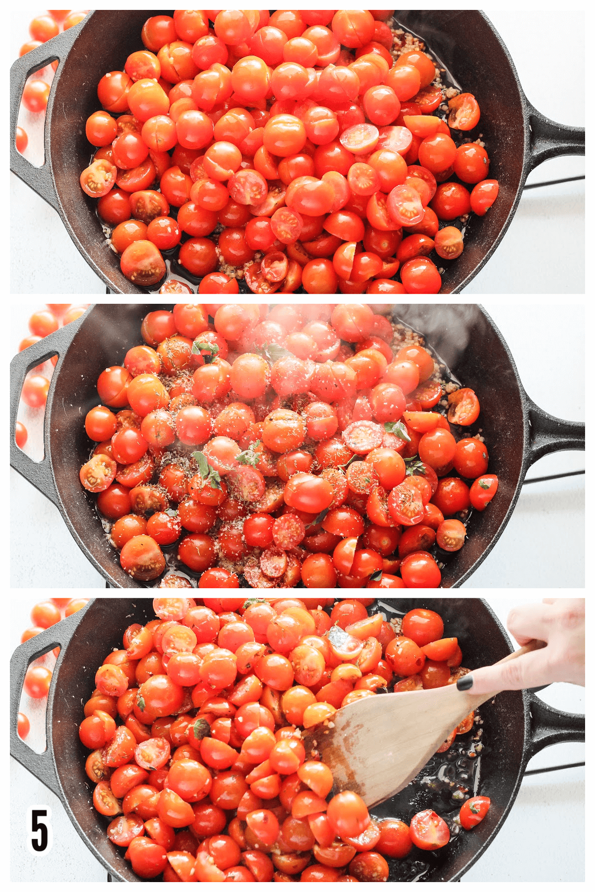 Collage of the 5th instruction to making the roasted cherry tomato sauce. 