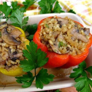 Red and Yellow bell peppers stuffed with mushroom risotto.