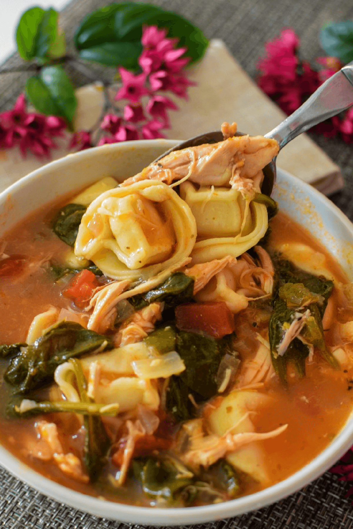 Spicy soup with chicken, tortellini and spinach with a Mexican flavor. 