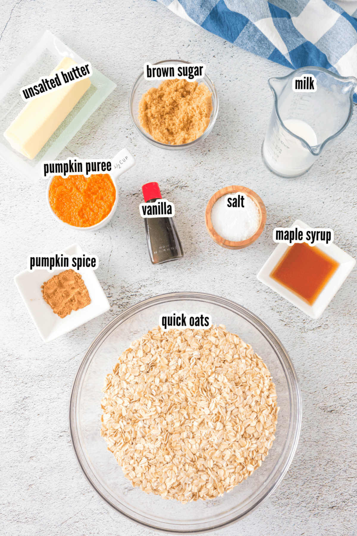 Ingredients on white background for Pumpkin Spice Oatmeal Cookies.