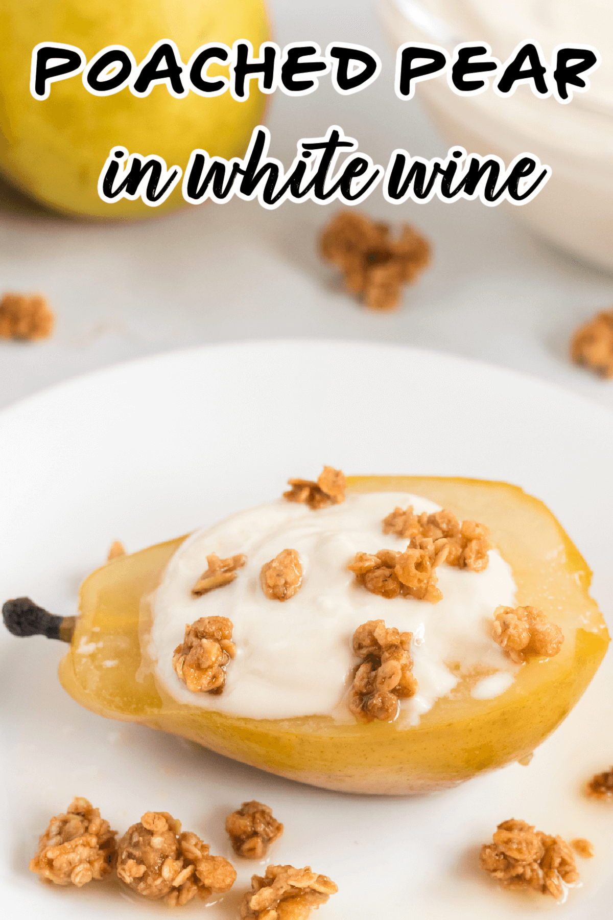 Poached pear in white wine filled with vanilla Greek Yogurt and sprinkled with toasted granola and drizzled with wine sauce. 