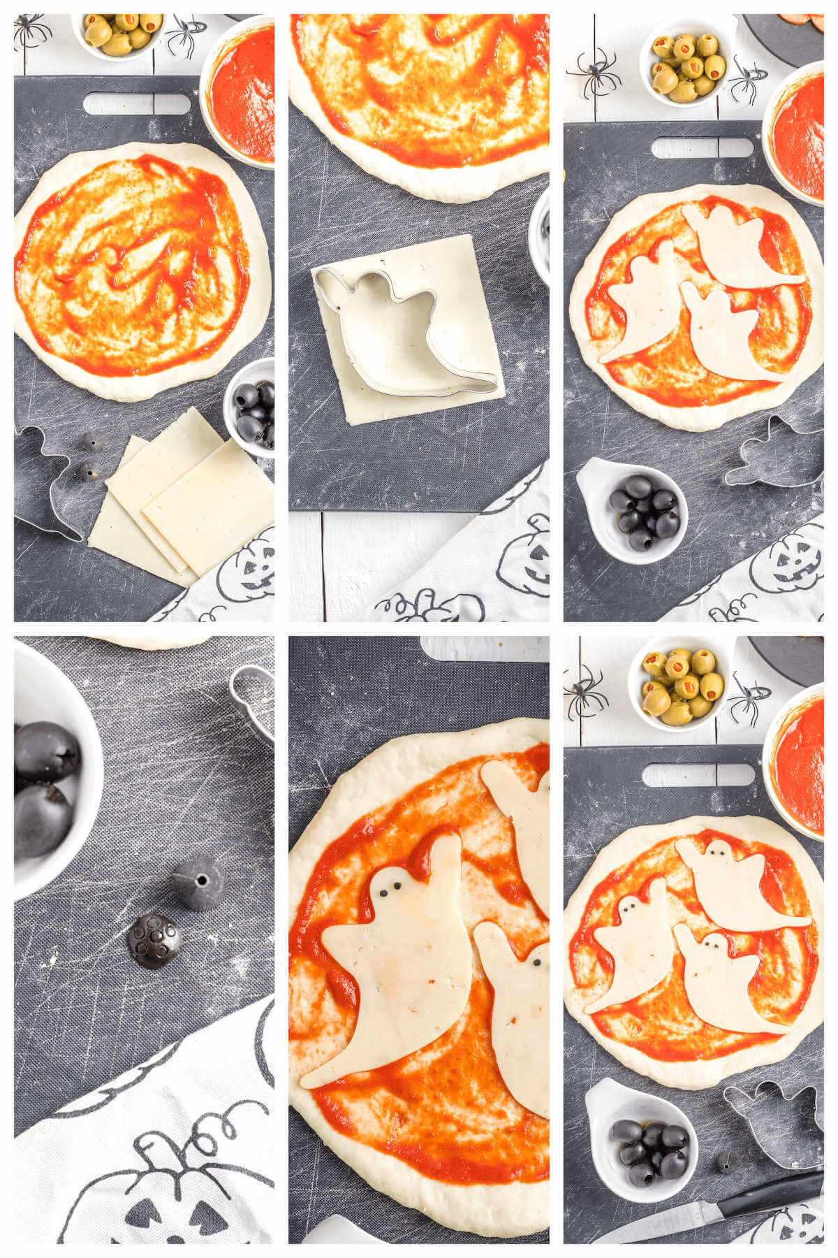 Halloween Party Pizza with spooky cheese ghosts.
