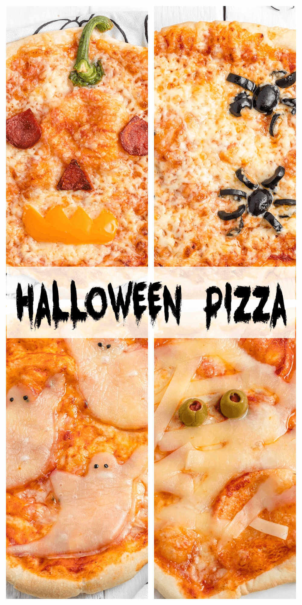 Halloween pizzas ideas for a fun halloween pizza party. Cut up the pieces ahead of time and let everyone make their own scary mini-pizza. If you're short own time on Halloween night, purchase frozen pizzas and decorate them however you like. #halloween_pizza, #fun_pizza_ideas, #halloween_themed_pizza