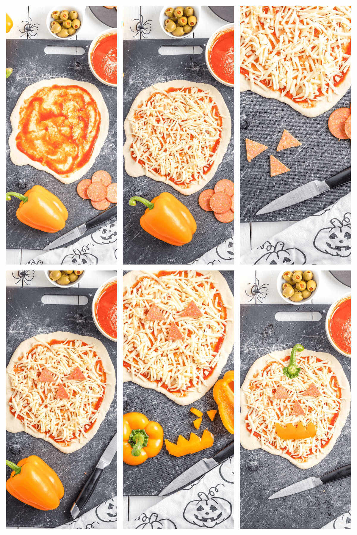 Step by Step instructions on how to make the Jack-O-Lantern Pizza.