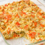 Easy Breakfast casserole with smoked salmon, eggs, and seasonings.