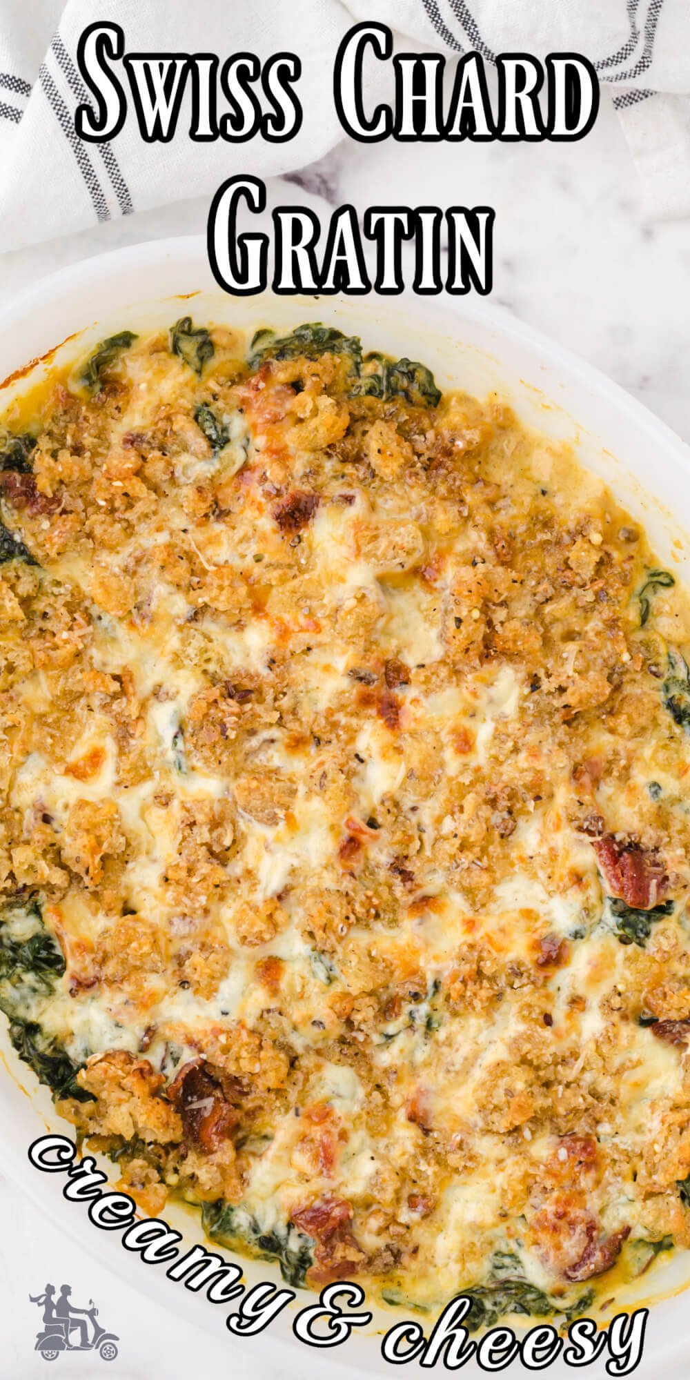 This is one of the best Swiss Chard Recipes you can make. The mild tasting winter green is mixed with cream infused with garlic and topped with salty bacon or prosciutto , sprinkled with a combination of Parmesan and Gruyere cheese and topped with homemade buttery breadcrumbs. Swiss Chard Gratin is the perfect holiday side but it's so delicious it should be served often. This winter green gratin compliments any meat you serve it with.