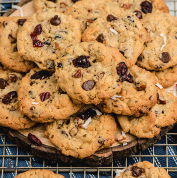 A platter filled with oatmeal cranberry cookies.