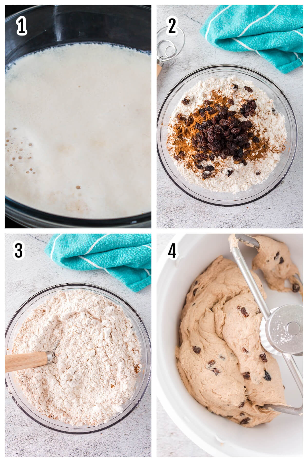 First four steps in making the homemade Cinnamon Raisin bread.