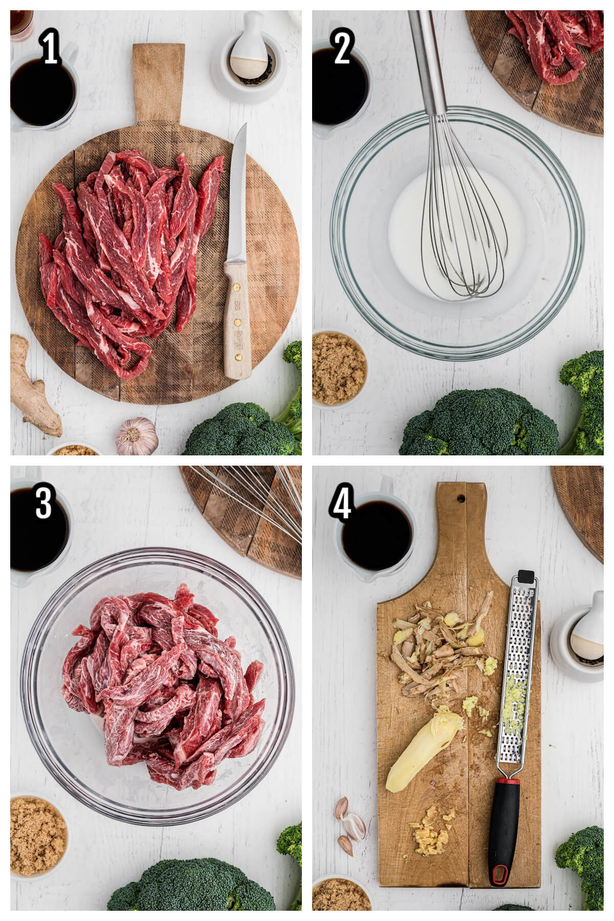Steps 1-4 of Beef Broccoli Recipe instructions. 
