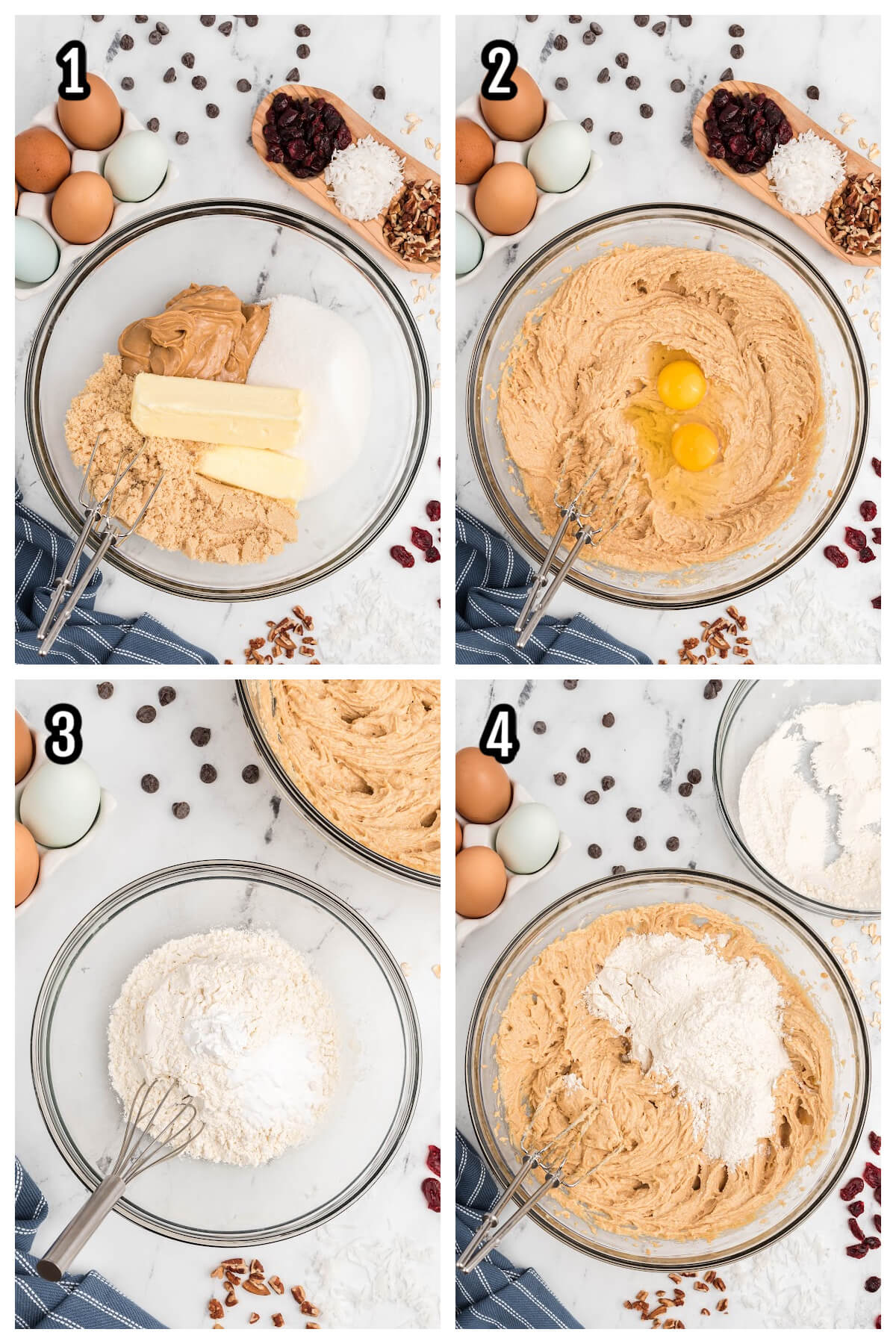 Collage of first four steps to making oatmeal cookies. 