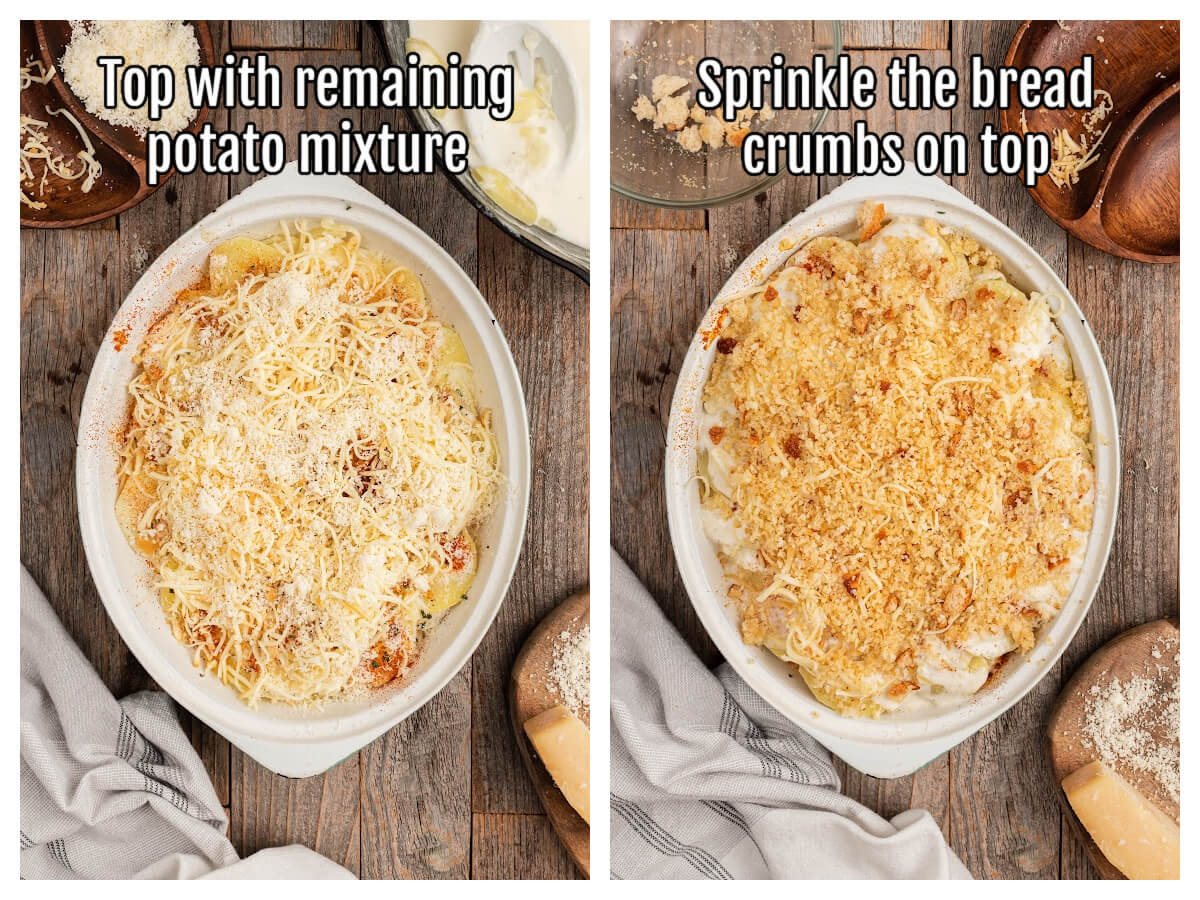 Collage of unbaked and baked potato gratin. 