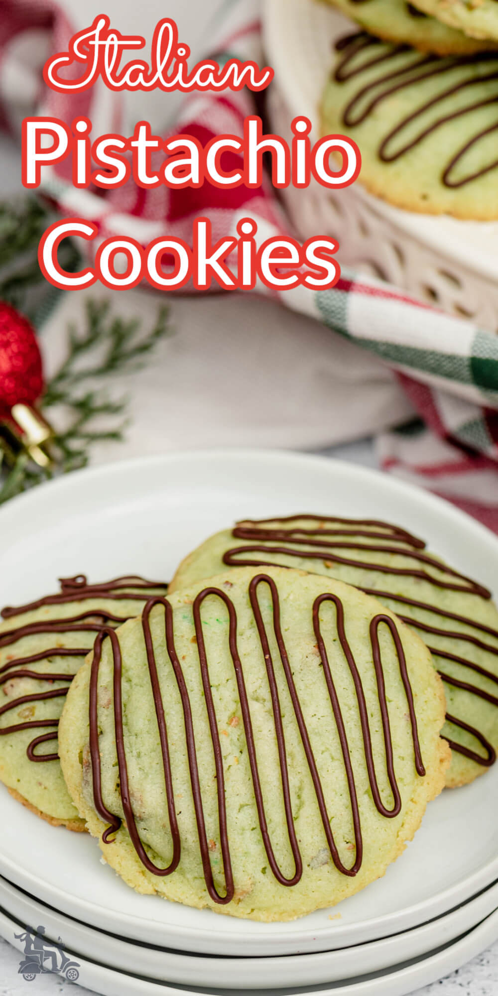 A soft and chewy pistachio cookie made with pistachio pudding and crushed pistachio is the first Christmas cookie we make every year. The drop cookies are delicious and welcome at cookie exchanges. These Italian biscotti have a festive green hue with a pretty chocolate drizzle on top. #pistachiocookies, #ItalianChristmascookie, #