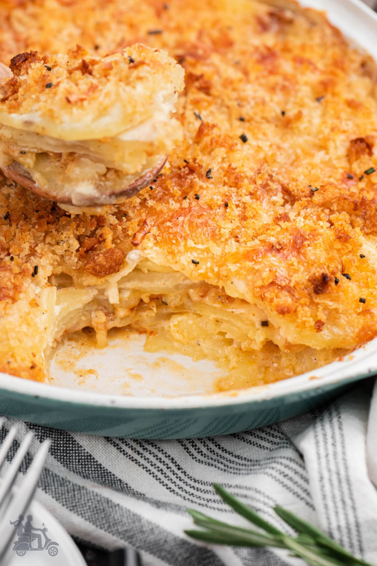 View of potato layers in the casserole. 