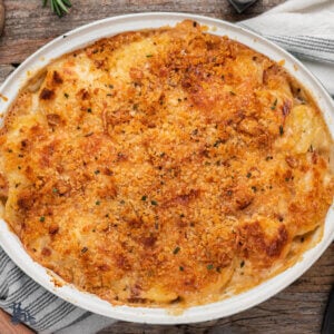 Shallow baking dish filled with Potato Gratin side dish.