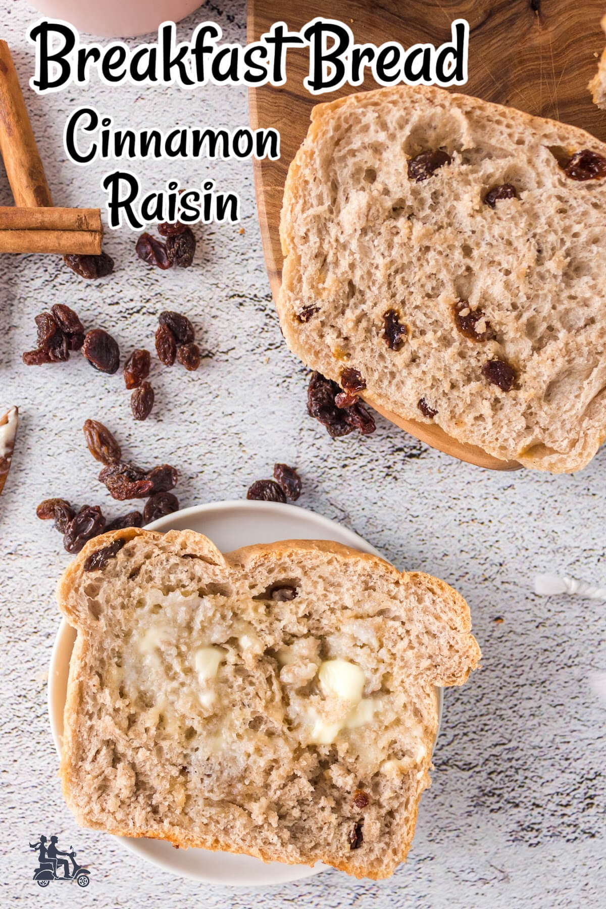 Slices of Homemade cinnamon raisin bread with butter.