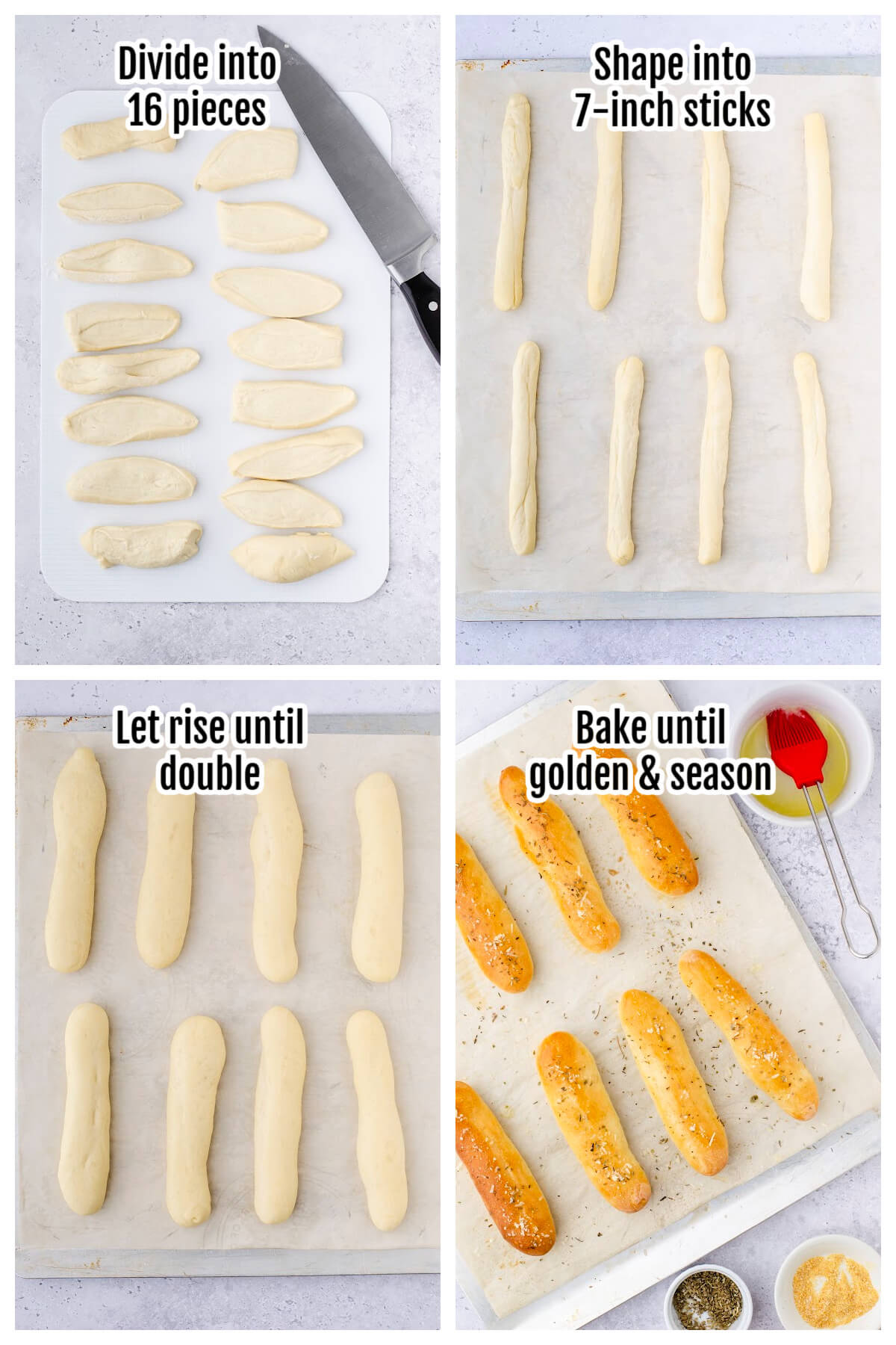 Collage of the instructions for the homemade soft breadsticks. 