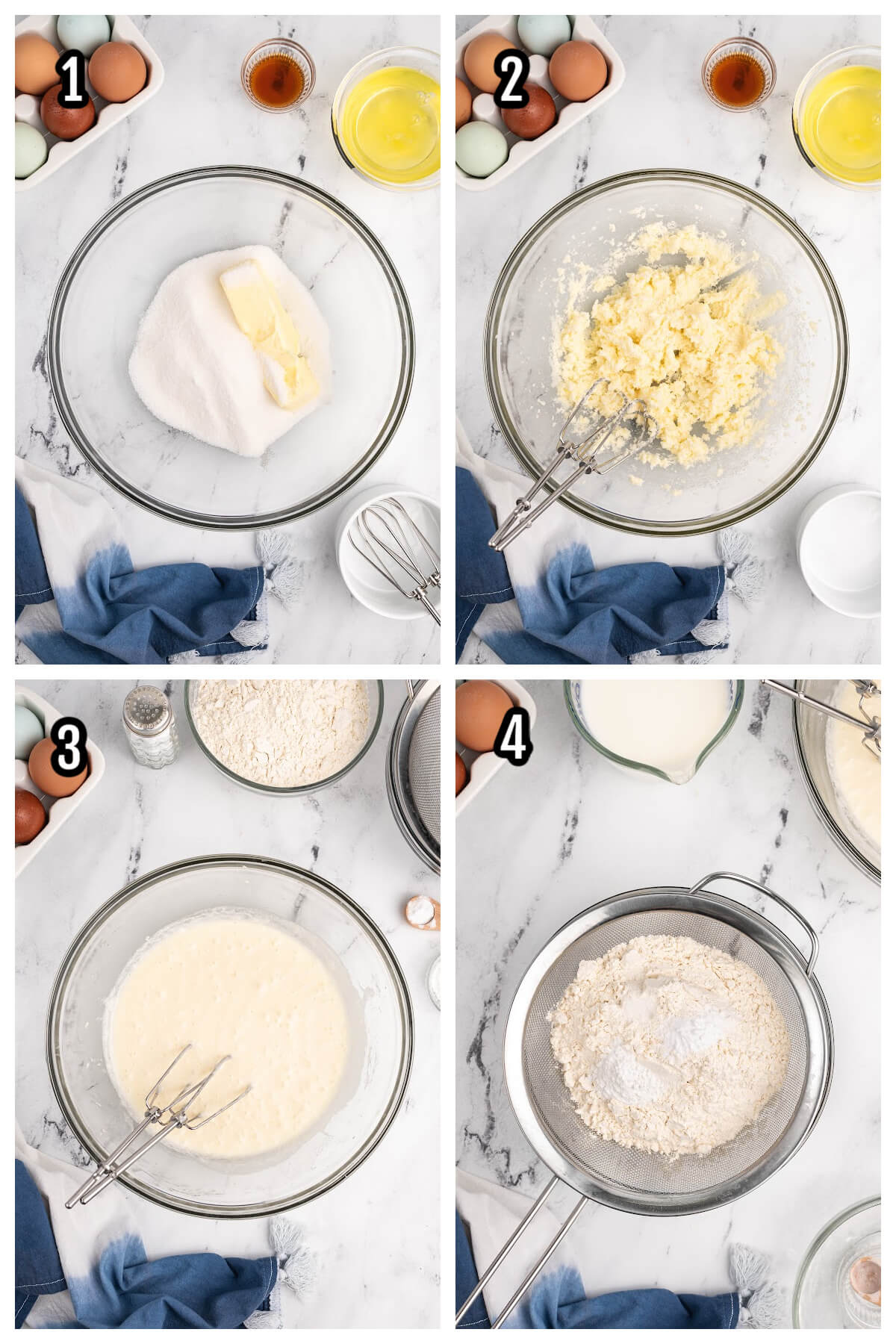 Collage of first four steps for pound cake. 