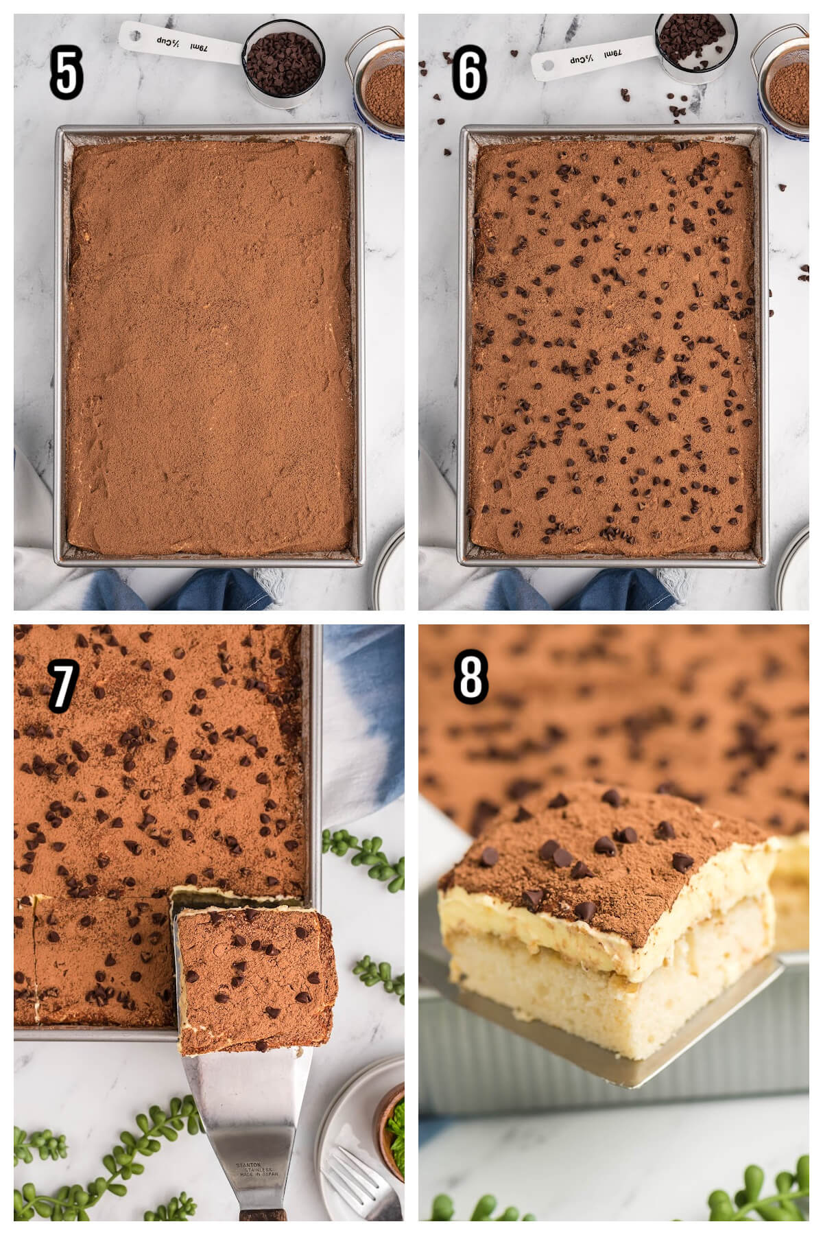 Steps 5-8 to finishing the Tiramisu  cake.