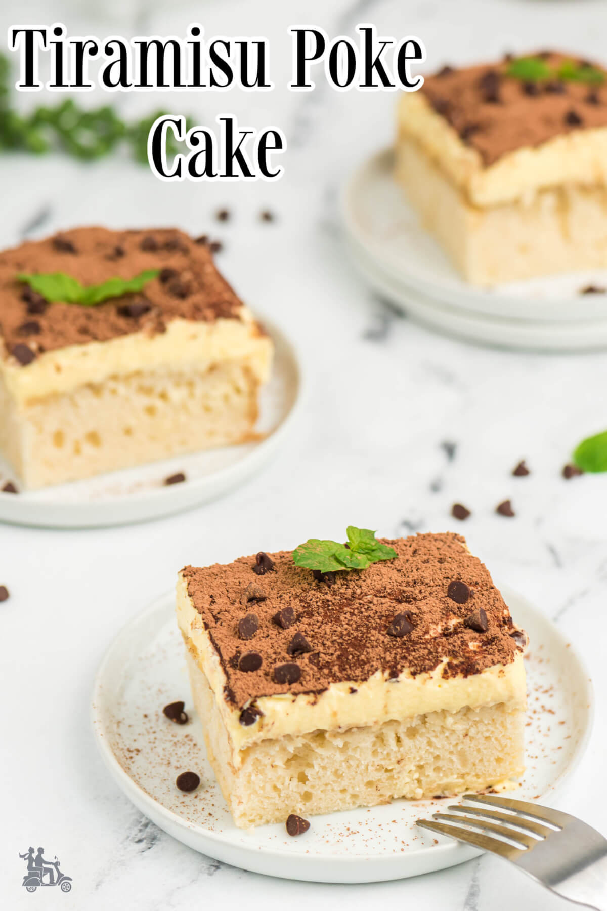 Tiramisu poke cake with cocoa topping.