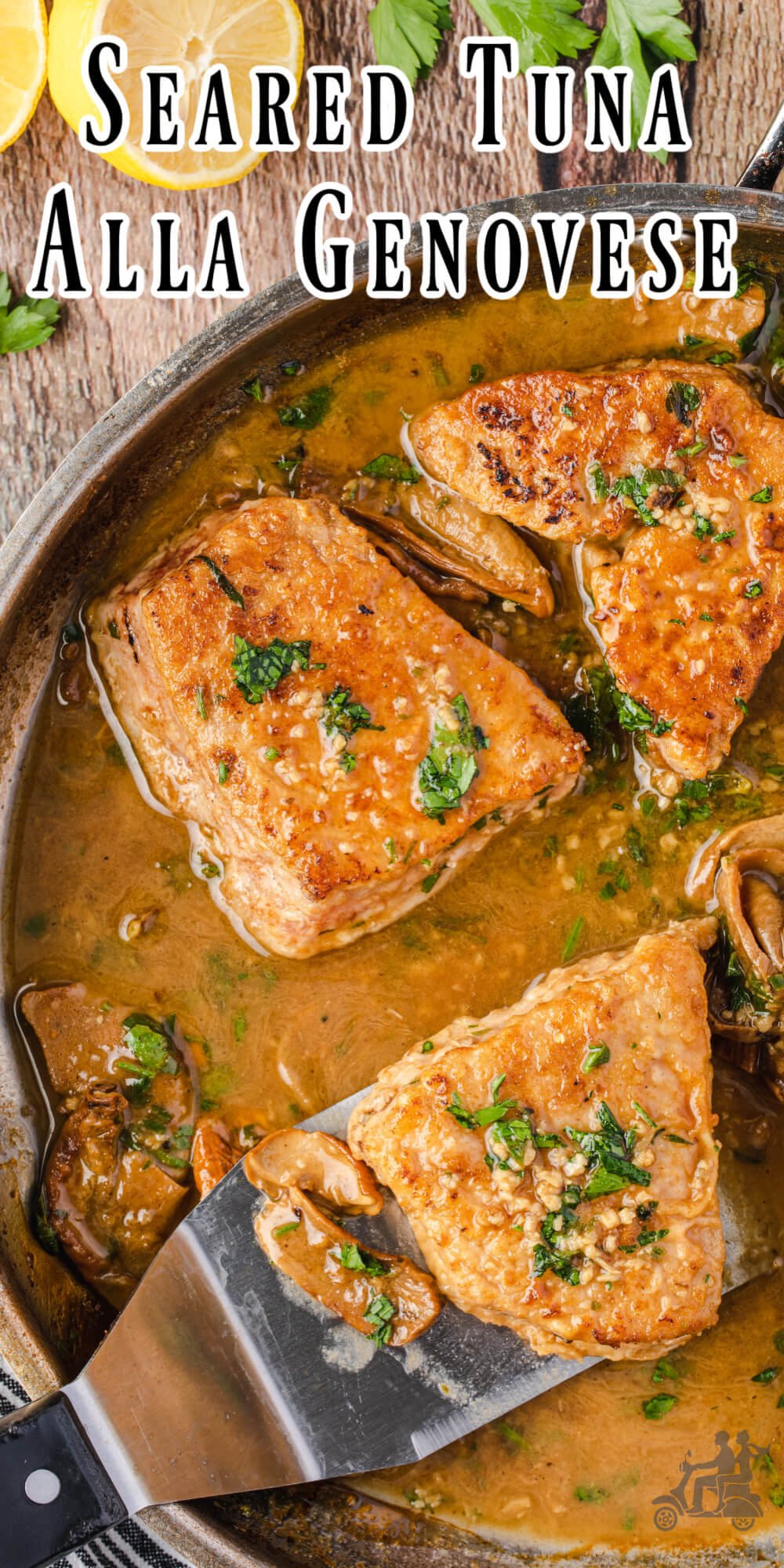 Yellowfin Tuna Steaks Recipe is a quick and easy one skillet meal that first browns the tuna, then the porcini wine sauce is made separately and combined with the seafood before serving. Serve it with pasta, by itself, or polenta. #tuna, #tunasteaks, #tunaallagenovese, #onepanmeal, #quickeasytuna.