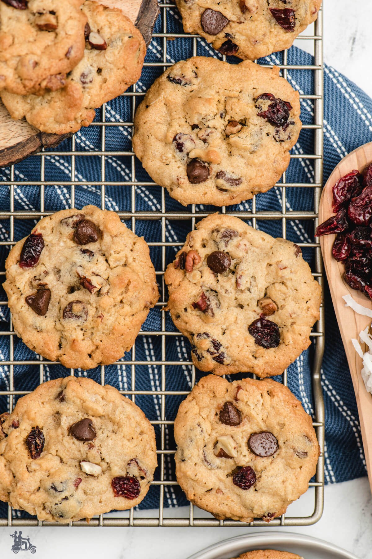 Oatmeal Craisin Walnut Cookies on a wire rack cooling. 