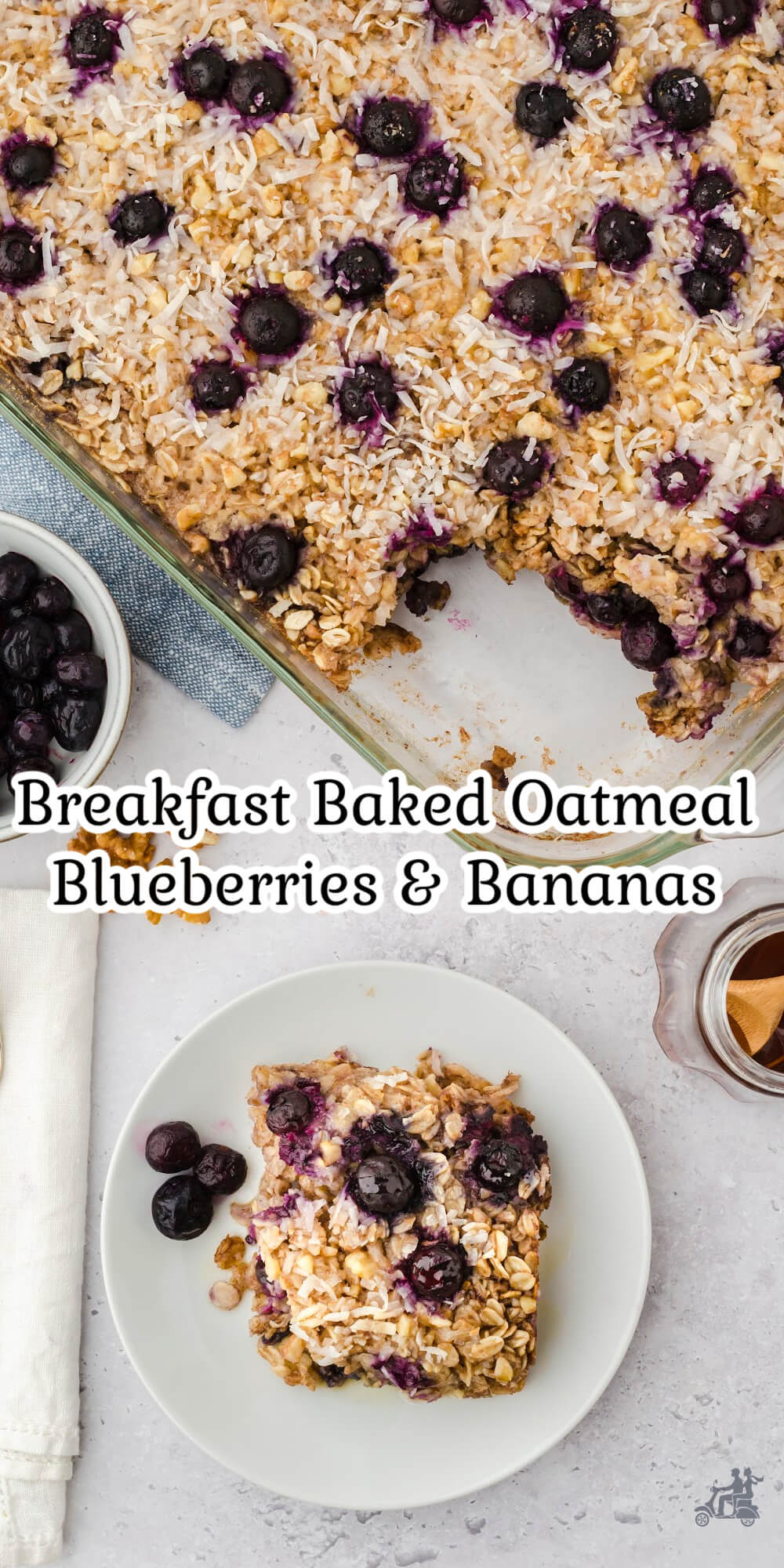 Breakfast baked Oatmeal with Blueberries and bananas almost tastes like dessert. Topped with coconut for a nice crunch plus a dollop of whipped cream. Special enough for a brunch or special occasion. How about Mother's Day. #bakedoatmeal, #oatmeal, #breakfastoatmeal, #oatmealfruit, #blueberry, #banana, #oatmealsquares, #oatmeal, #allourway
