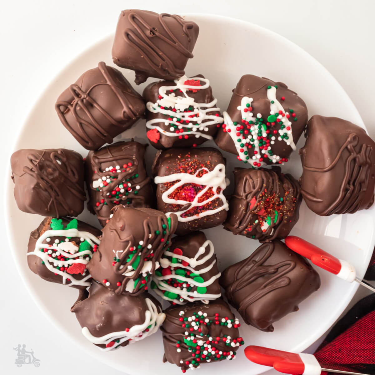 Cool Whip Frozen Chocolate Truffle candy decorated red and green sugar.