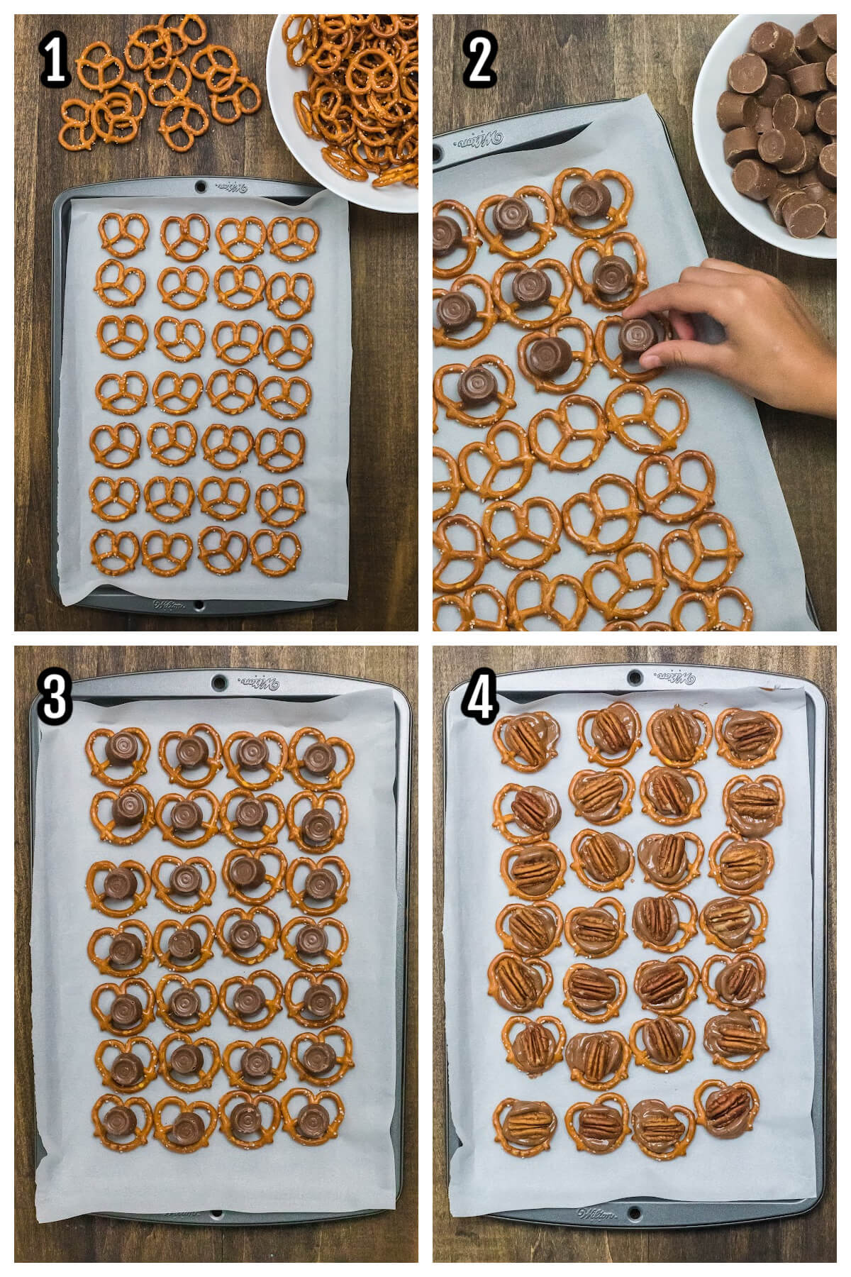 First set of Instructions for making the Valentine's Pretzel Rolo Pecan Turtles.