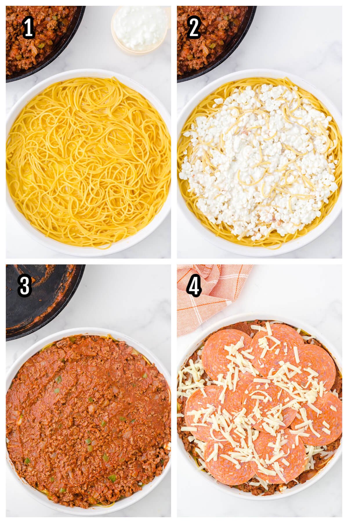 Collage of the First set of instructions for the spaghetti pie.