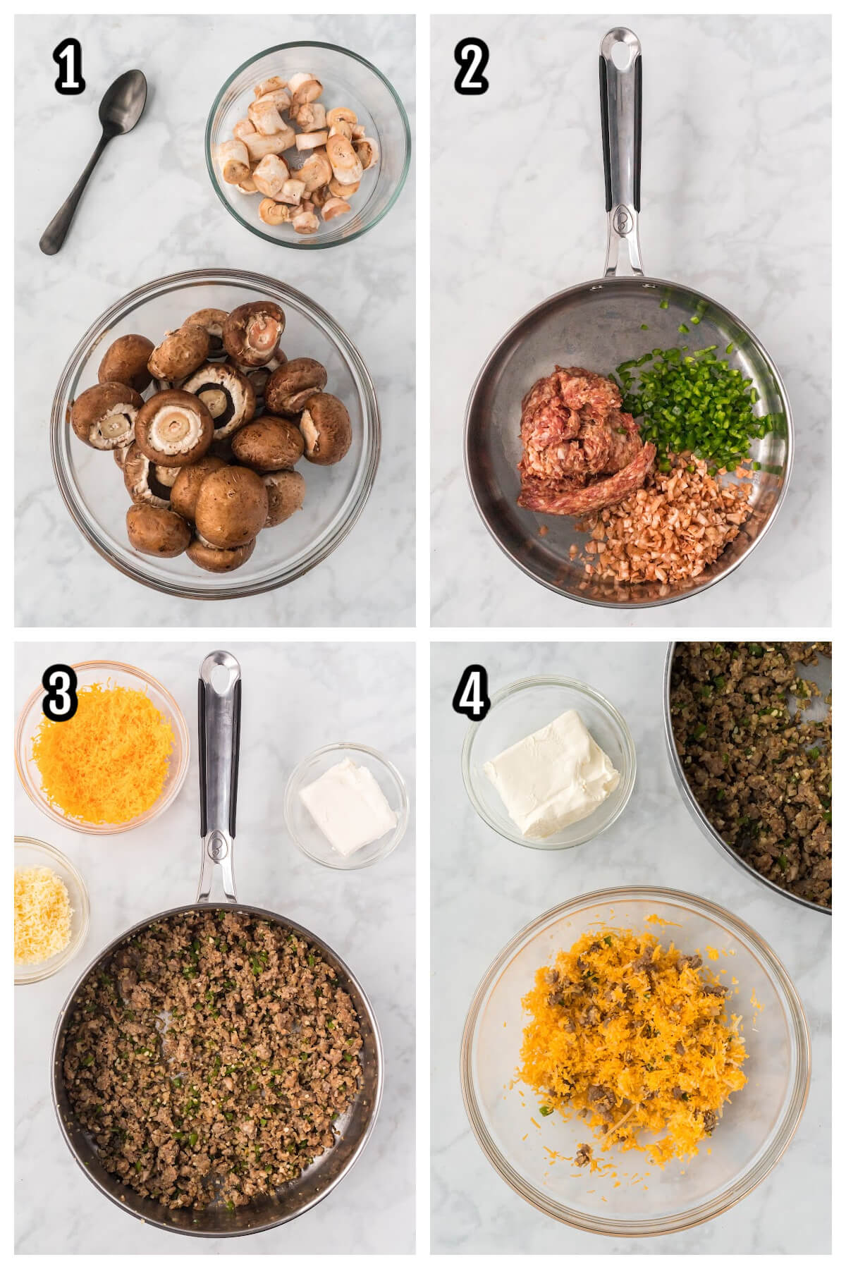 Collage of first four steps to making the mushroom caps stuffed with Italian sausage. 