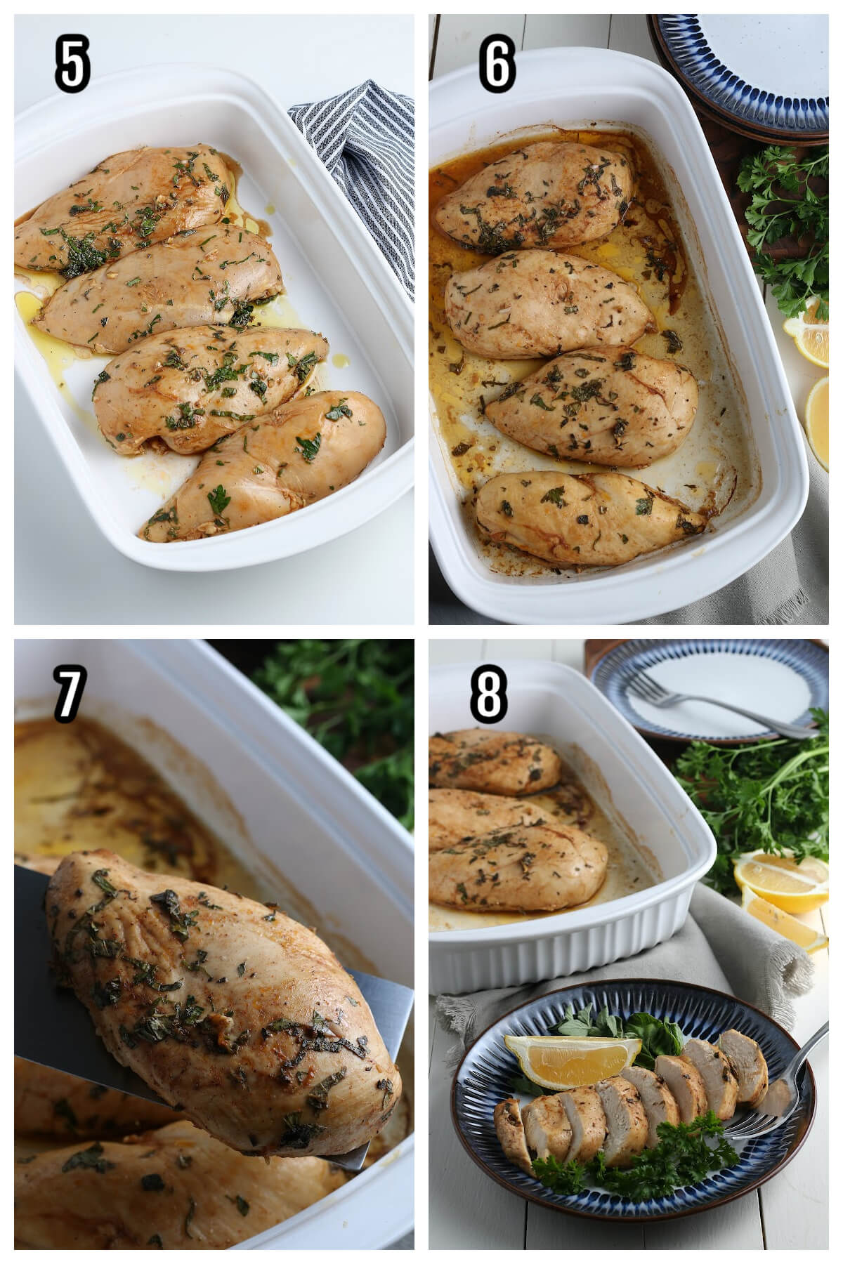 Second set of four steps to oven baking the boneless skinless chicken breasts. 