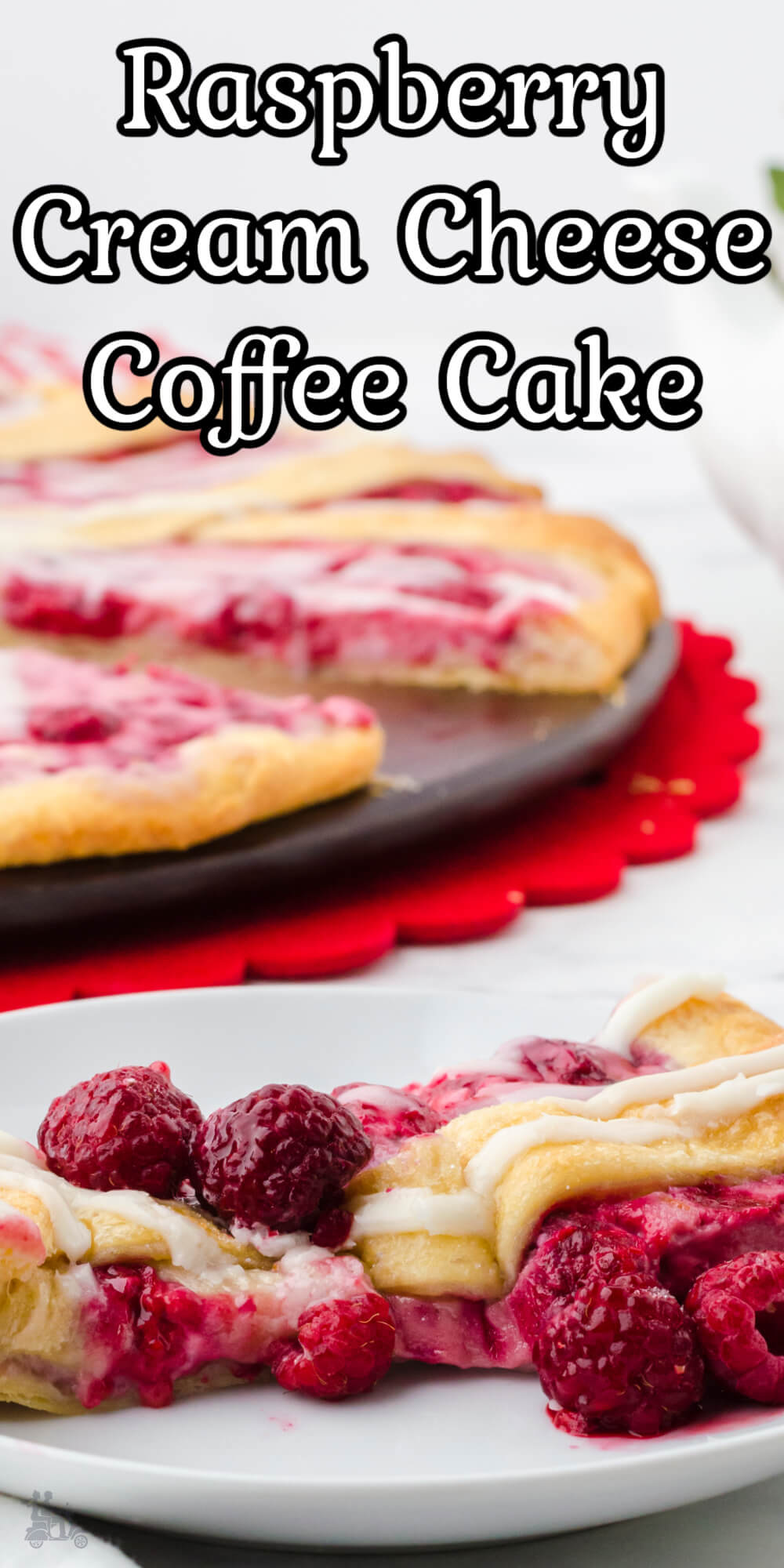 This cream cheese coffee cake tastes just like a delicious bakery danish flavored with raspberries. A delicious breakfast or brunch treat that's quick and easy to make. A beautiful coffee cake worthy to serve during the holidays and easy enough to make for just you to enjoy with some coffee or tea.