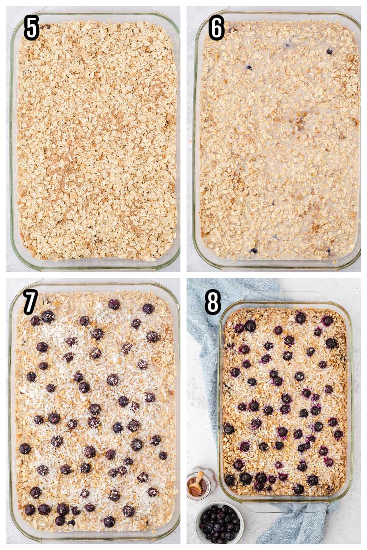 Second set of four steps to making the blueberry and banana baked oatmeal in a casserole. 