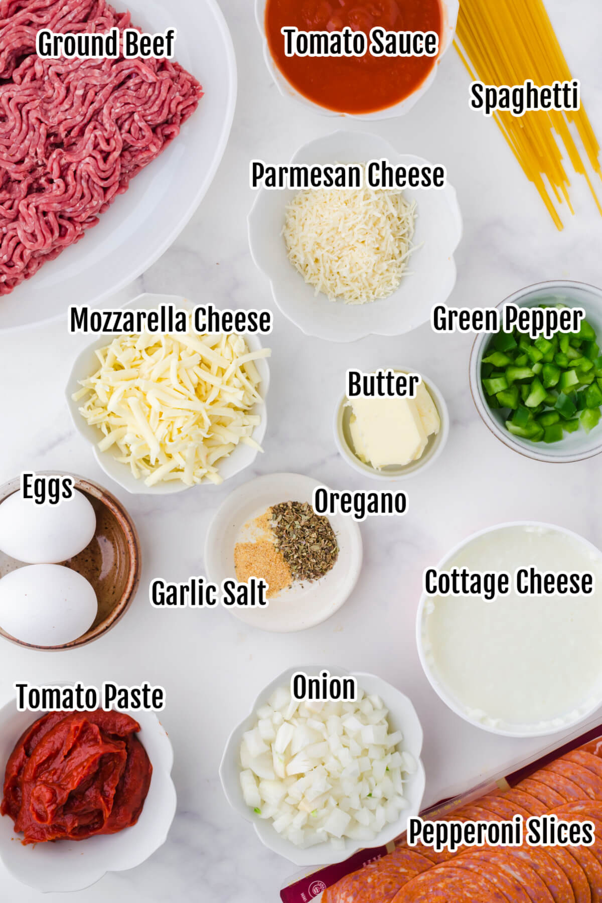 Photograph of the ingredients necessary for spaghetti pie. 