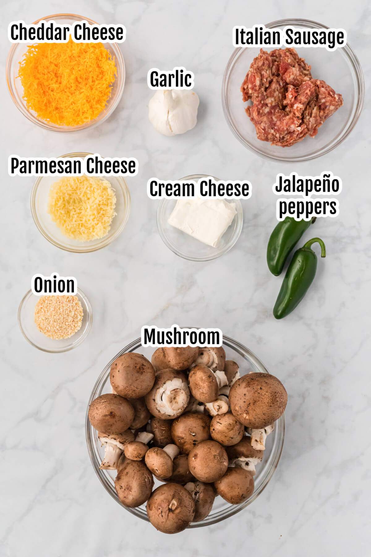 Image of the ingredients for Sausage stuffed mushroom appetizers. 