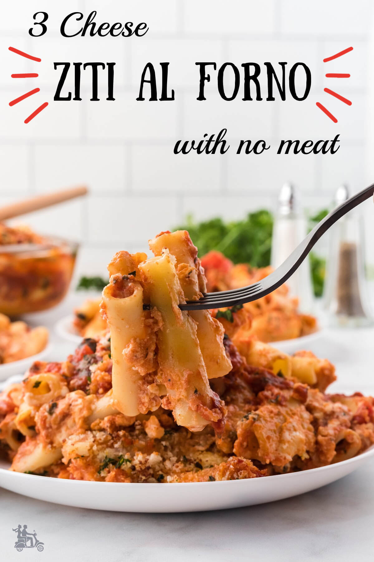 A forkful of ziti with a plate serving of the pasta.