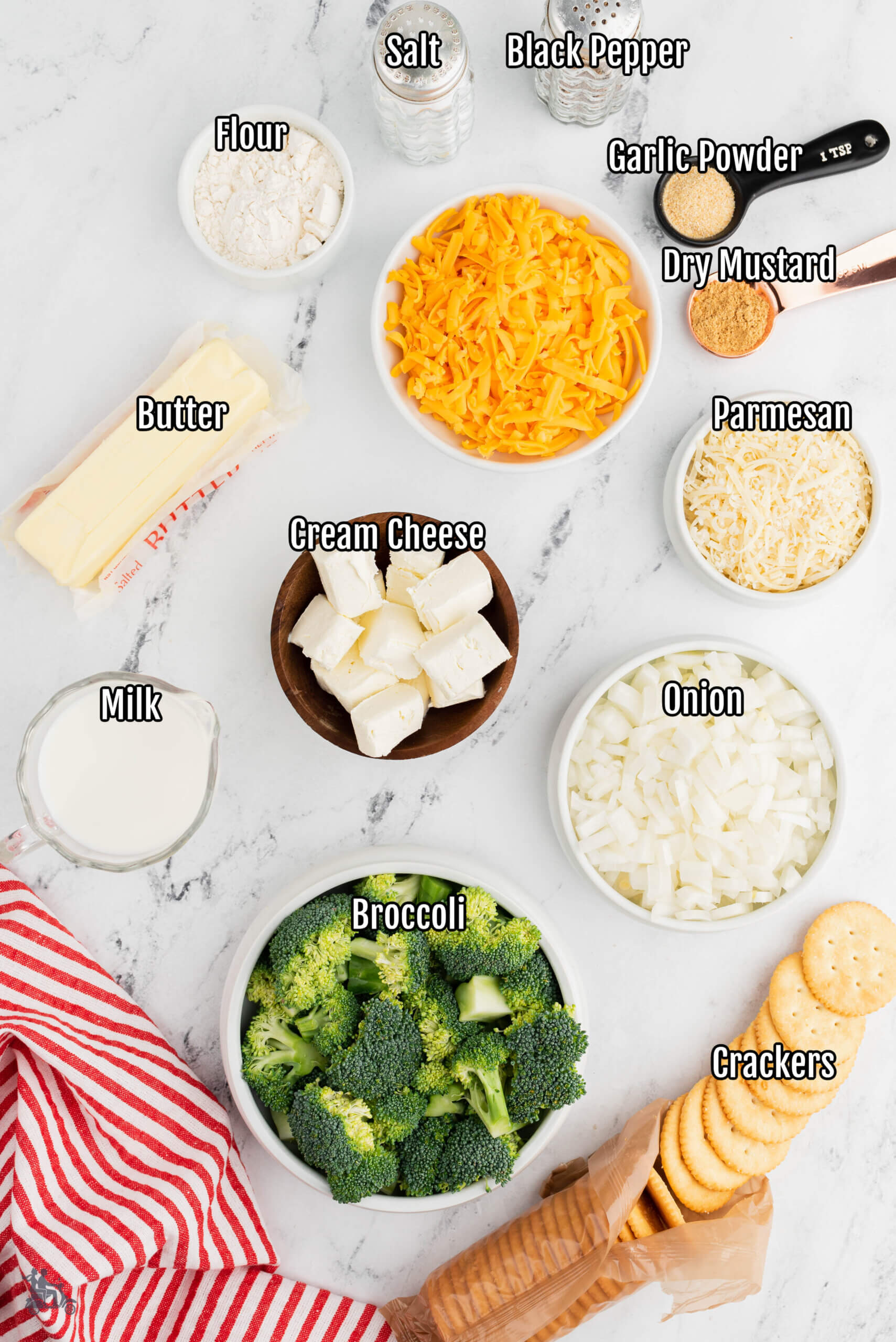 Image of the ingredients necessary for the onion cheese broccoli casserole. 