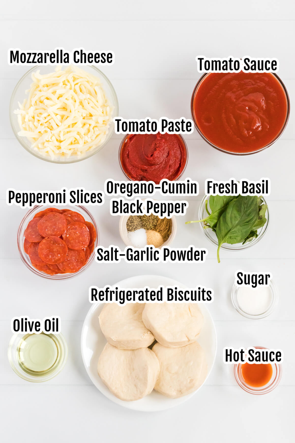 Image of the ingredients needed to make the Bubble Pizza Bread. 